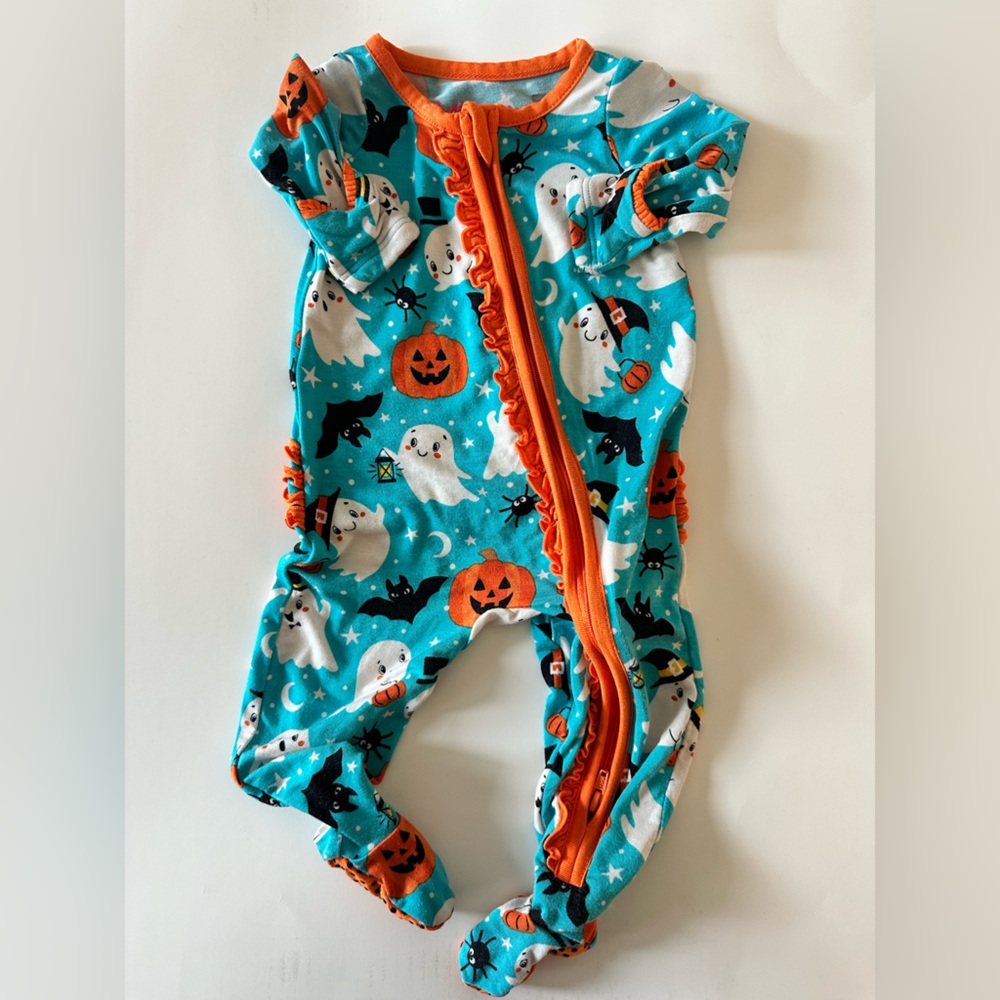 Ruffle Butts Halloween Ghost and Pumpkin Footie - Bamboo, Newborn